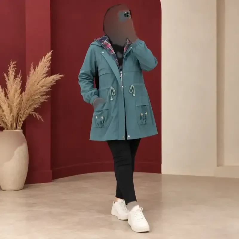 کاپشن زنانه کلاهدار جنس کتان ضخیم سایزبندی M تا XXL - تصویر 5
