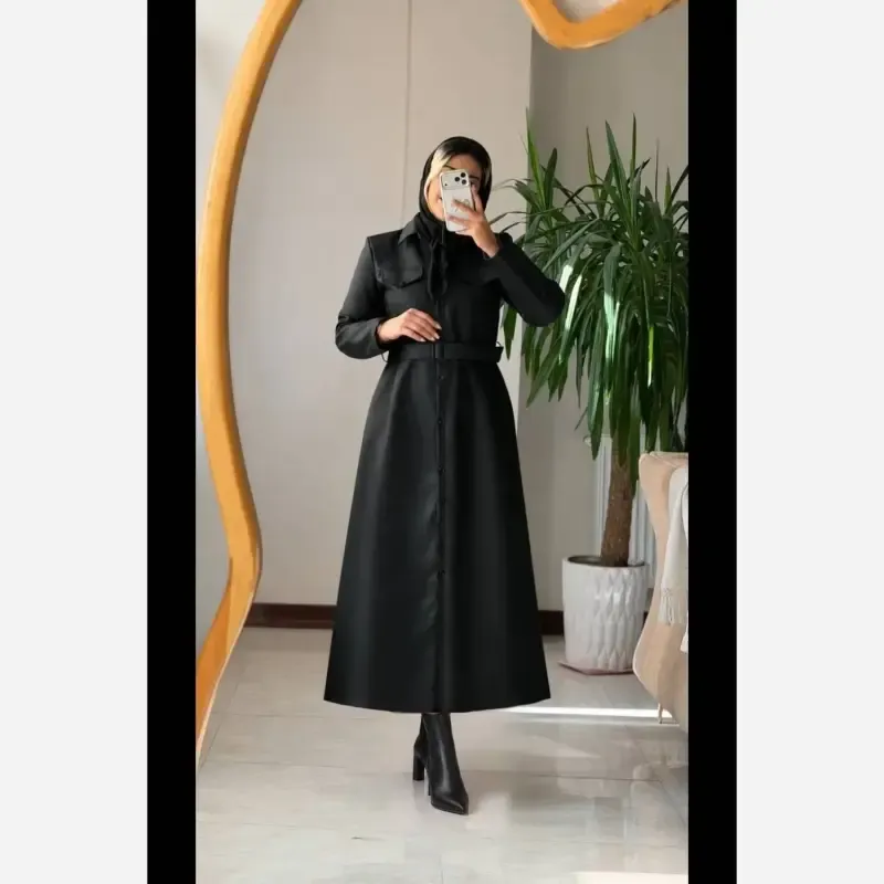 پالتو چرم زنانه بلند مدل اتوسا رنگ قهوه ای و مشکی سایز 36 تا 46 - تصویر 5