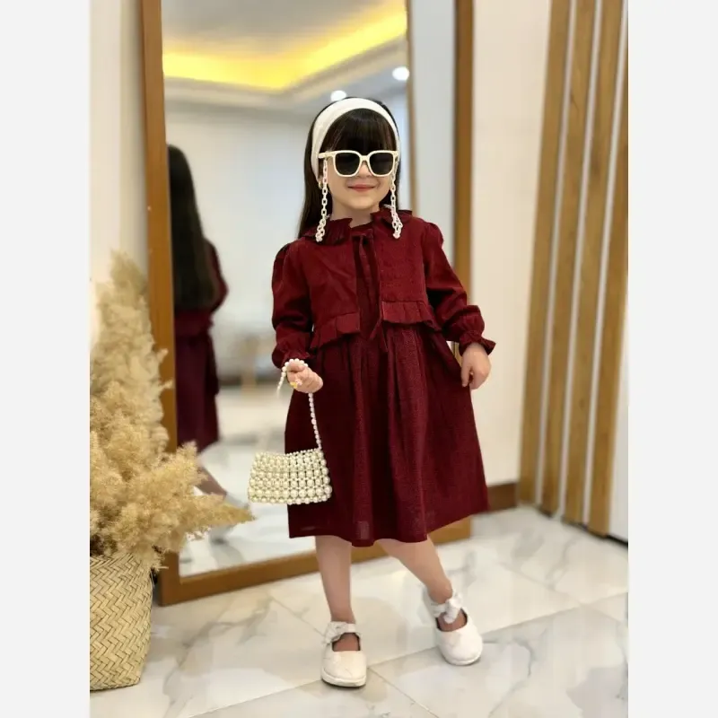 کت و سارافون دخترانه مخمل کبریتی و کتان تافته رنگ زرشکی مناسب 2 تا 9 سال - تصویر 3