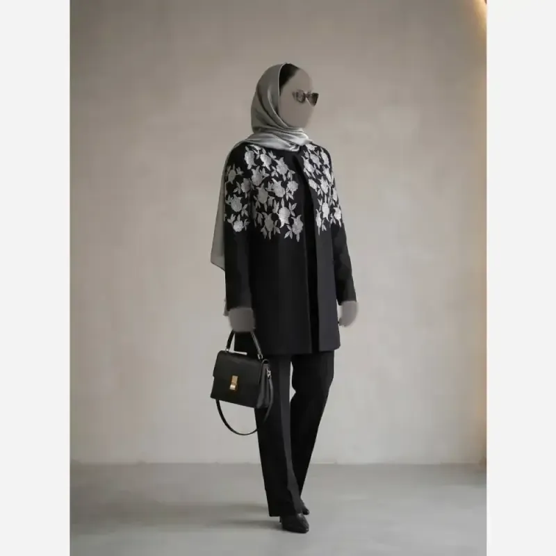 مانتو مزونی گلدوزی زنانه مدل النا پارچه مازراتی نخ توییست سایز بزرگ - تصویر 3