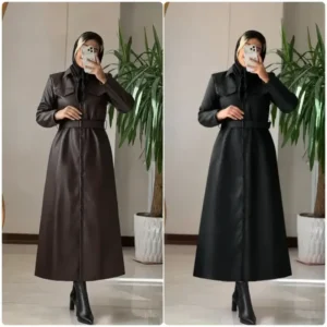 پالتو چرم زنانه بلند مدل اتوسا رنگ قهوه ای و مشکی سایز 36 تا 46