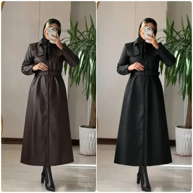 پالتو چرم زنانه بلند مدل اتوسا رنگ قهوه ای و مشکی سایز 36 تا 46