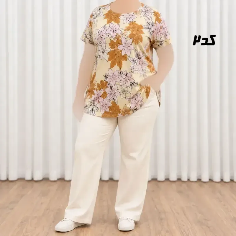 تیشرت نخی پارچه خارجی دکمهدار زنانه و دخترانه فری سایز مناسب تا 50 - تصویر 3