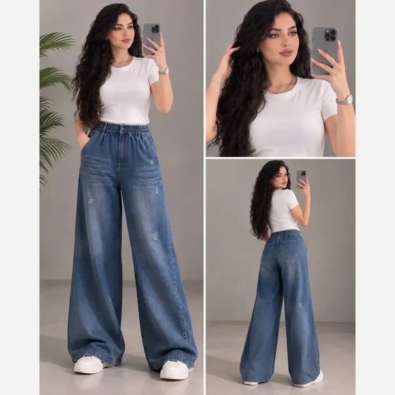 شلوار بگ جین ریزشی زنانه سایز 36 تا 50 قد 110 رنگ آبی روشن و تیره - تصویر 5