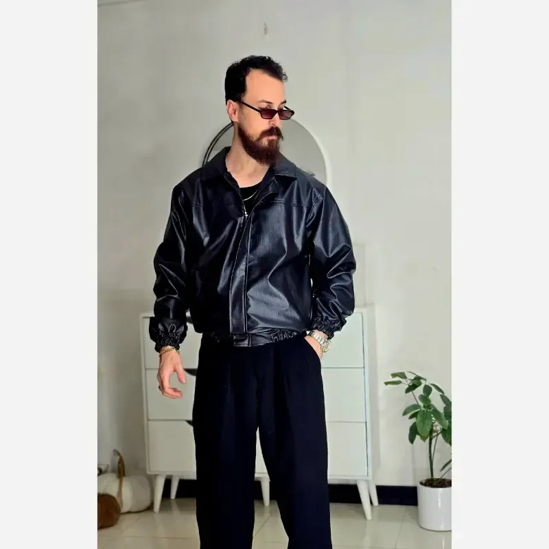 کاپشن چرم مصنوعی مردانه مشکی آستین کش سایز L تا 2XL - تصویر 4