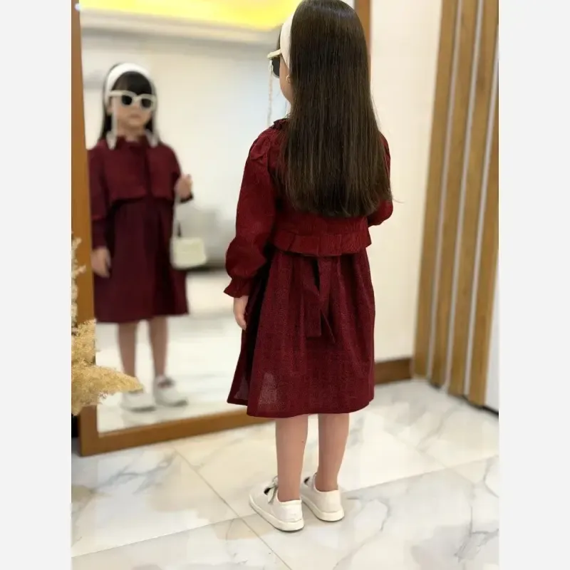 کت و سارافون دخترانه مخمل کبریتی و کتان تافته رنگ زرشکی مناسب 2 تا 9 سال - تصویر 4