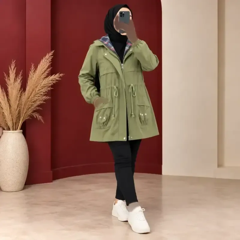 کاپشن زنانه کلاهدار جنس کتان ضخیم سایزبندی M تا XXL - تصویر 4