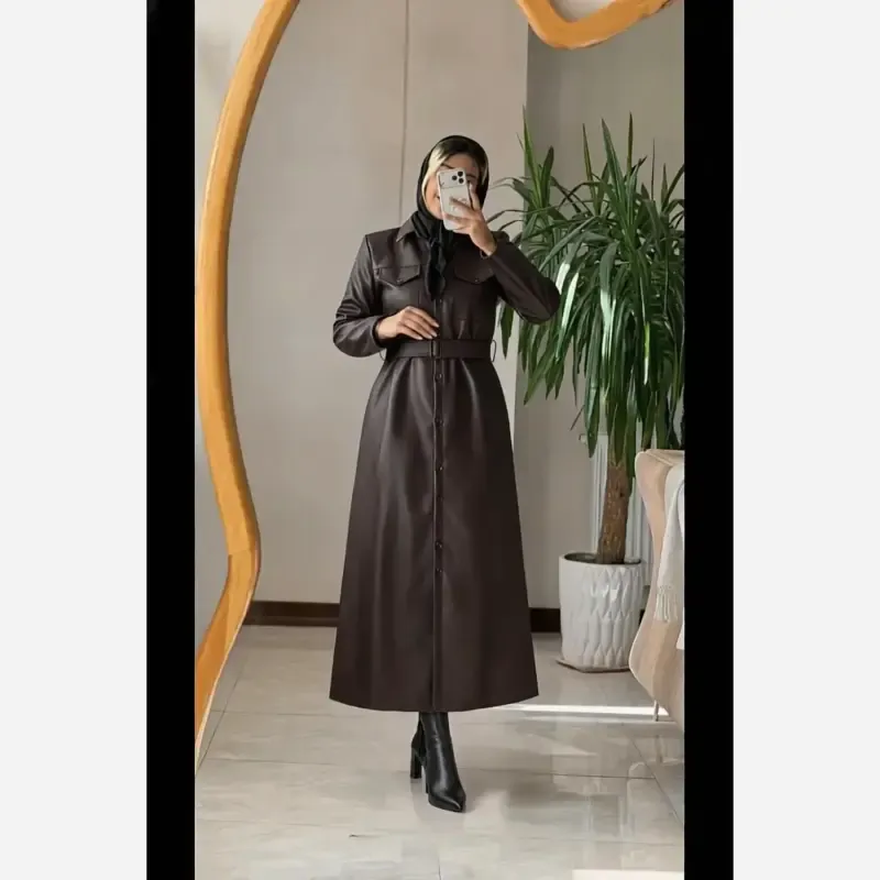 پالتو چرم زنانه بلند مدل اتوسا رنگ قهوه ای و مشکی سایز 36 تا 46 - تصویر 2