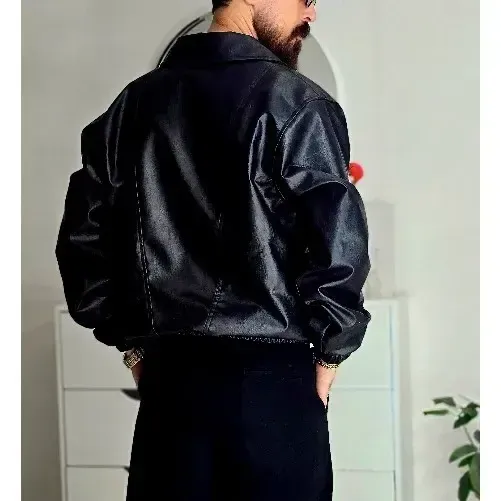کاپشن چرم مردانه وارداتی مشکی چرم مصنوعی سایز L تا 2XL
