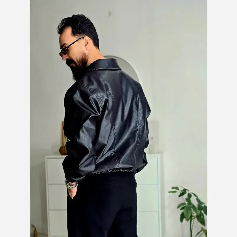 کاپشن چرم مصنوعی مردانه مشکی آستین کش سایز L تا 2XL - تصویر 5
