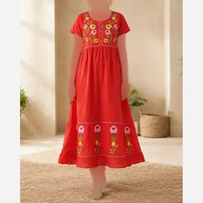 پیراهن زنانه گلدوزی آستین کوتاه نخی هندی فری سایز - تصویر 7