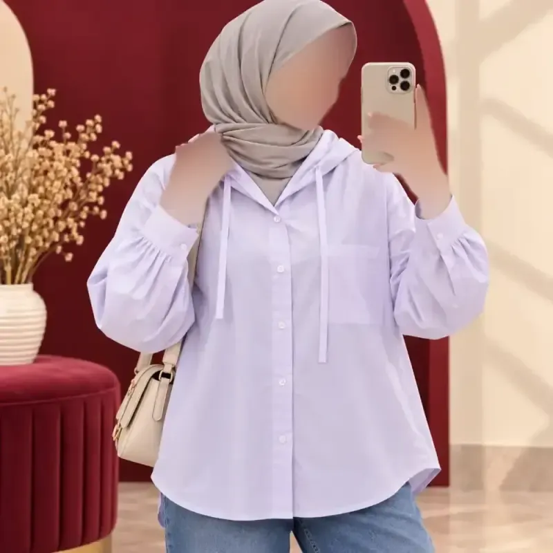 شومیز زنانه کلاهدار چهارفصل نخ کتان صابونی دکمهدار فری سایز - تصویر 3