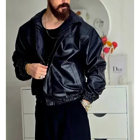 کاپشن چرم مردانه وارداتی مشکی چرم مصنوعی سایز L تا 2XL - تصویر 2