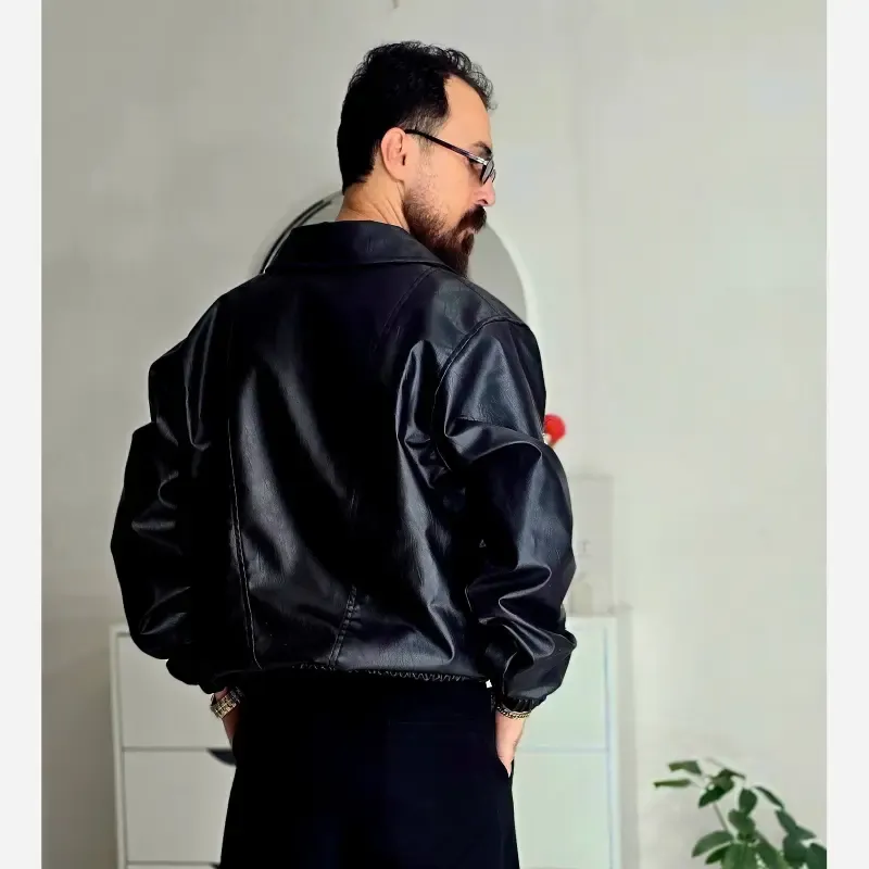 کاپشن چرم مصنوعی مردانه مشکی آستین کش سایز L تا 2XL - تصویر 2