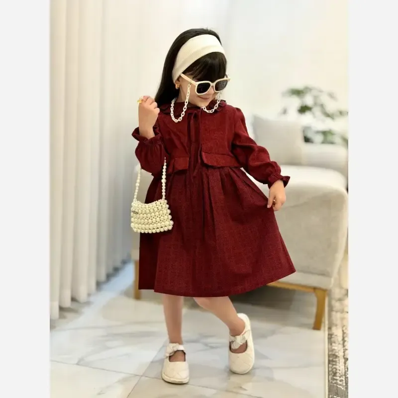 کت و سارافون دخترانه مخمل کبریتی و کتان تافته رنگ زرشکی مناسب 2 تا 9 سال - تصویر 2