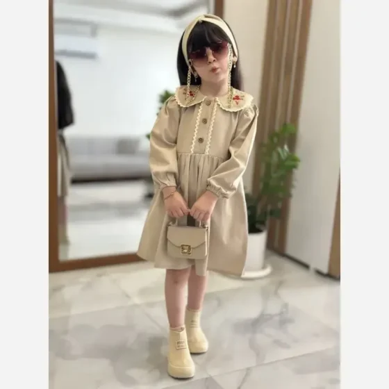 سارافون پیراهن گلدوزی دخترانه کتان کج راه رنگ کرم