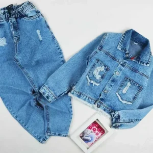 ست جین دخترانه کت و شلوار مام فیت رنگ آبی