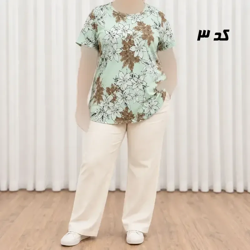 تیشرت نخی پارچه خارجی دکمهدار زنانه و دخترانه فری سایز مناسب تا 50 - تصویر 2