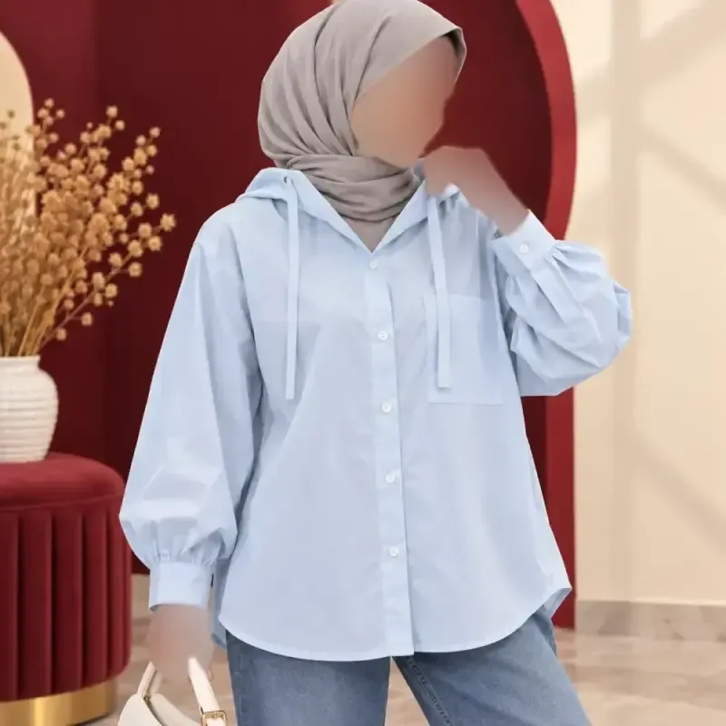 شومیز زنانه کلاهدار چهارفصل نخ کتان صابونی دکمهدار فری سایز - تصویر 5