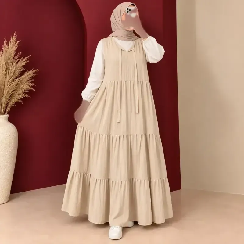پیراهن ساحلی حلقه ای بلند زنانه نخ لینن چیندار دکمهدار - تصویر 3