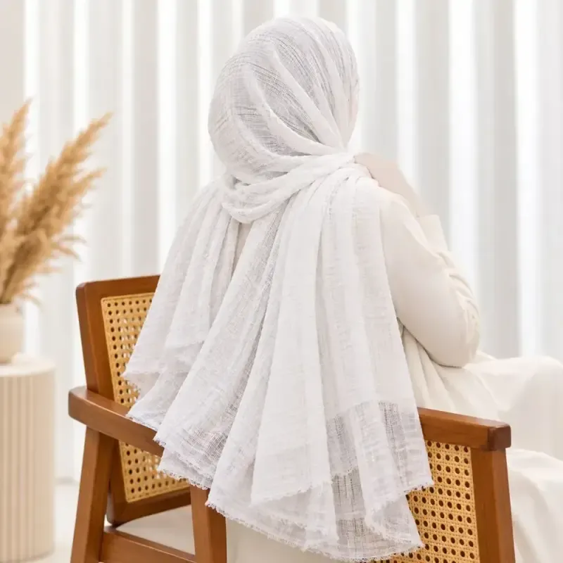 شال ساده نخی مدل حصیری سفید رنگ قواره 175 در 77 سانتیمتر - تصویر 3
