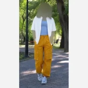شلوار بگ کارگو شش جیب زنانه و دخترانه سوپرکتان کاغذی زارا رنگ لیمویی و آجری
