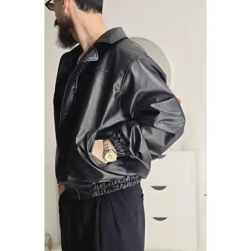 کاپشن چرم مردانه وارداتی مشکی چرم مصنوعی سایز L تا 2XL - تصویر 4