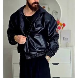 کاپشن مردانه چرم مصنوعی مشکی پایین کش وارداتی سایز L تا 2XL